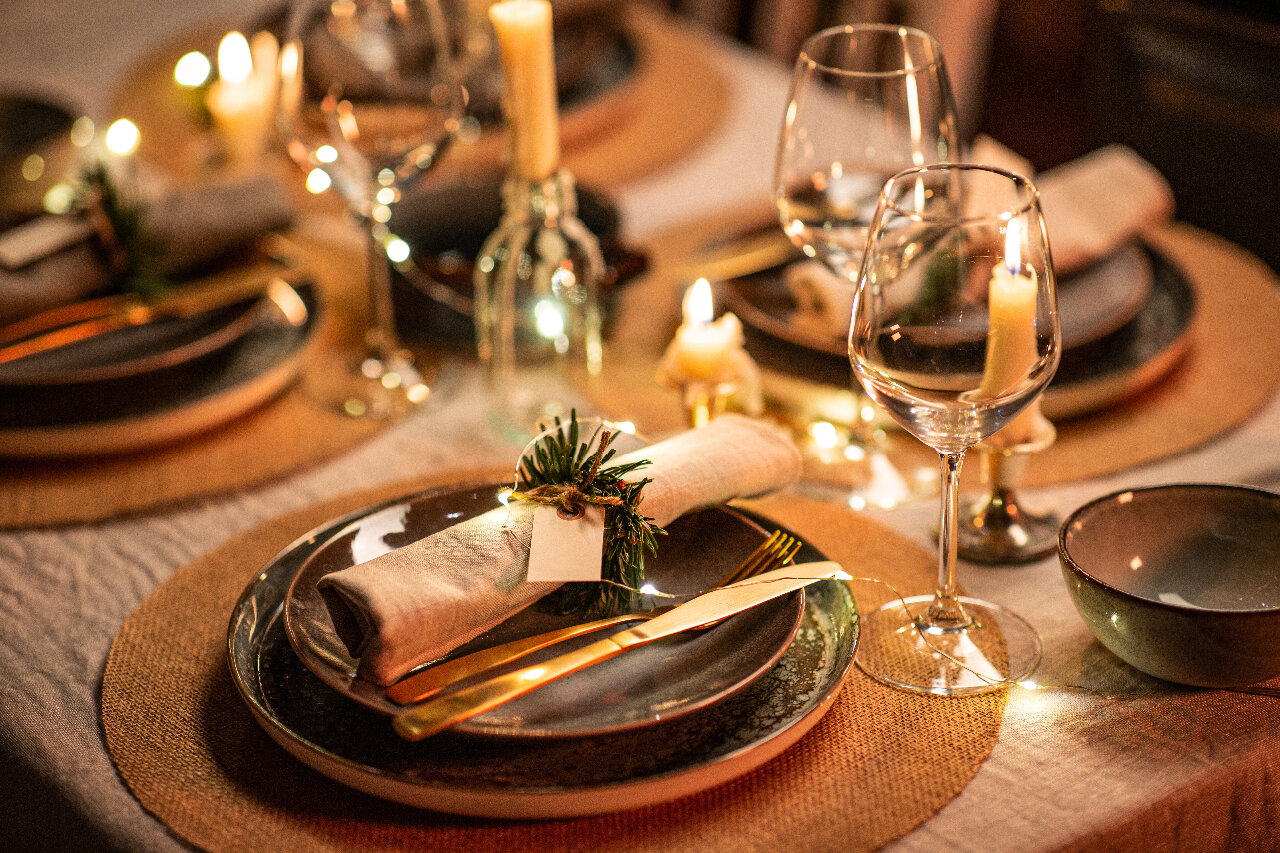 A Christmas holiday table set for dinner